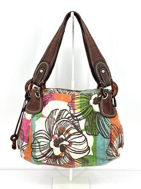 Canvas Floral Multicolor Shoulder Bag with Brown Trim
